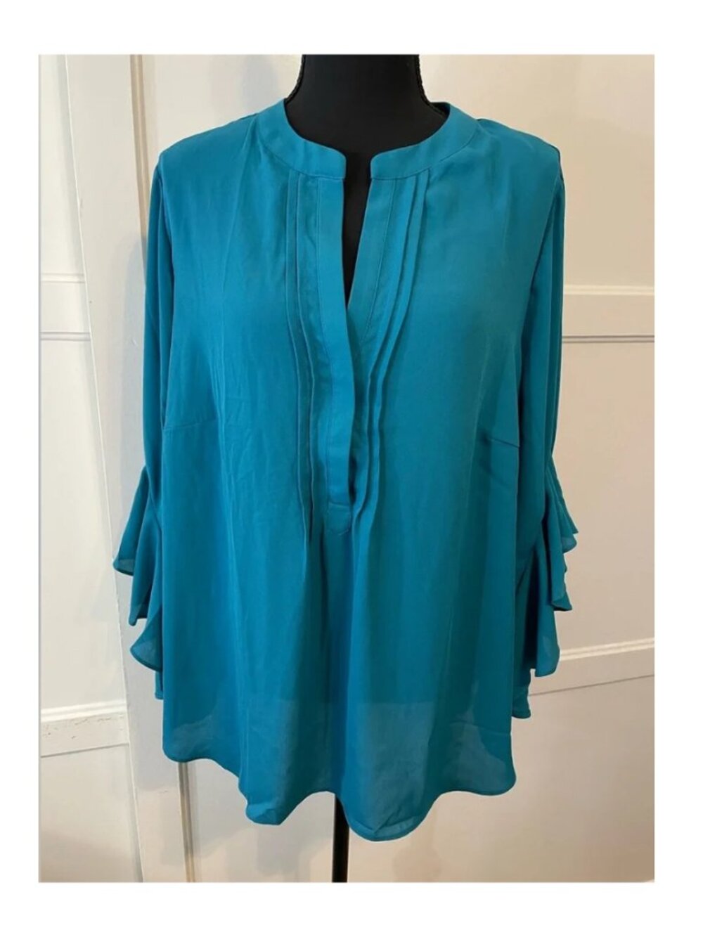 Chaus Teal Blue Ruffle Sleeve Blouse - Size 1X NWT